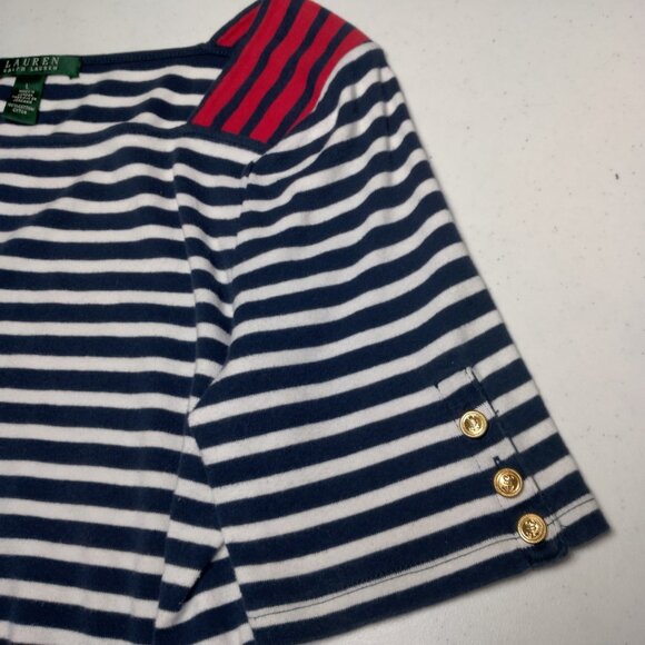 Lauren Ralph Lauren Shirt Women L Blue White Nautical Sailor Striped Gold Button - Picture 12 of 15
